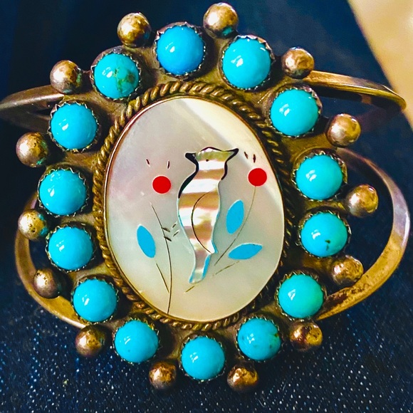 2XHP💕Vintage Navajo MOP Turquoise Inlay .925 Cuff - Picture 2 of 7